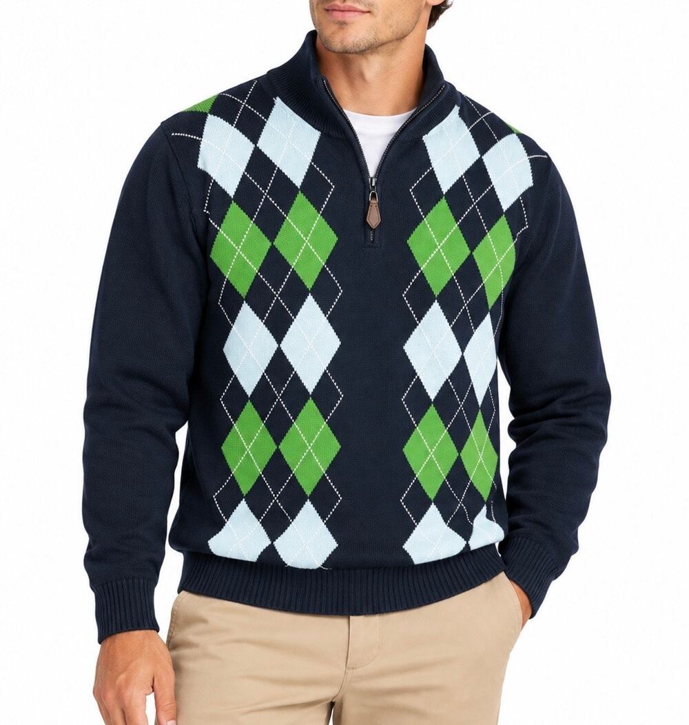 Brooks Brothers Navy Green Argyle Cotton Quarter Zip Sweater Mens Medium